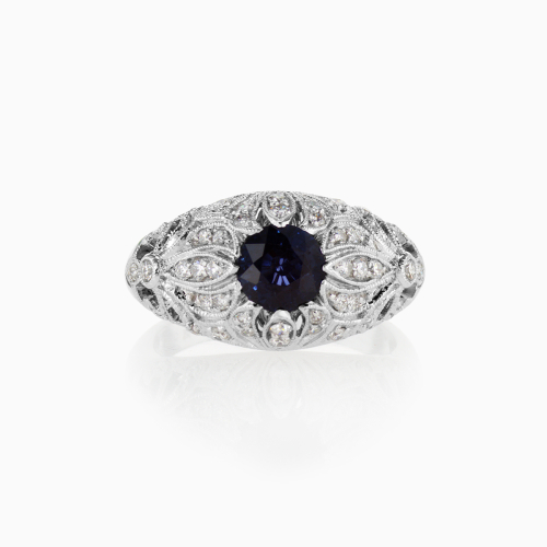 Vintage-inspired Natural Blue Sapphire and Diamond Ring