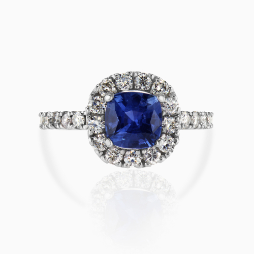 Natural Blue Sapphire and Diamond Halo Engagement Ring, Platinum