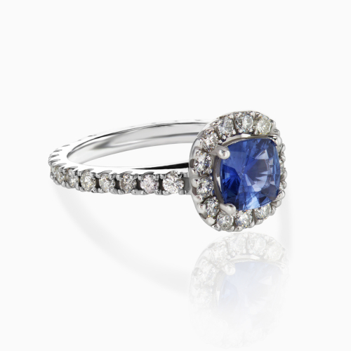 Natural Blue Sapphire and Diamond Halo Engagement Ring, Platinum