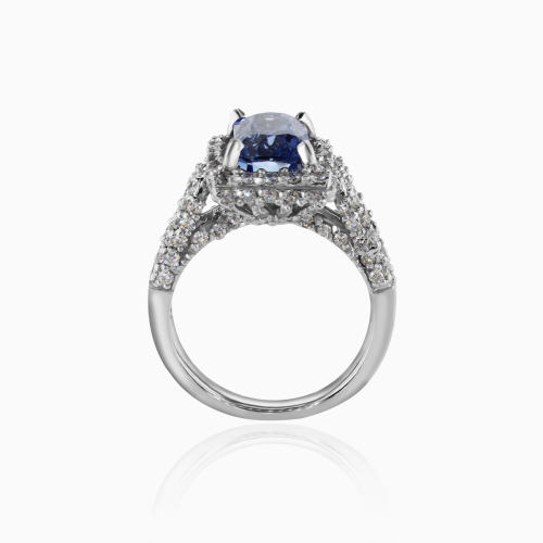 Radiant Natural Blue Sapphire and Diamond Halo Engagement Ring, 18k White Gold