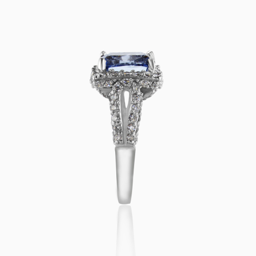 Radiant Natural Blue Sapphire and Diamond Halo Engagement Ring, 18k White Gold