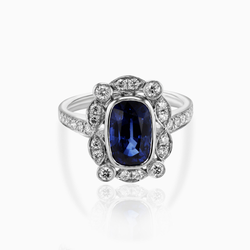 Diamond accented Natural Blue Sapphire Ring, 18k White Gold