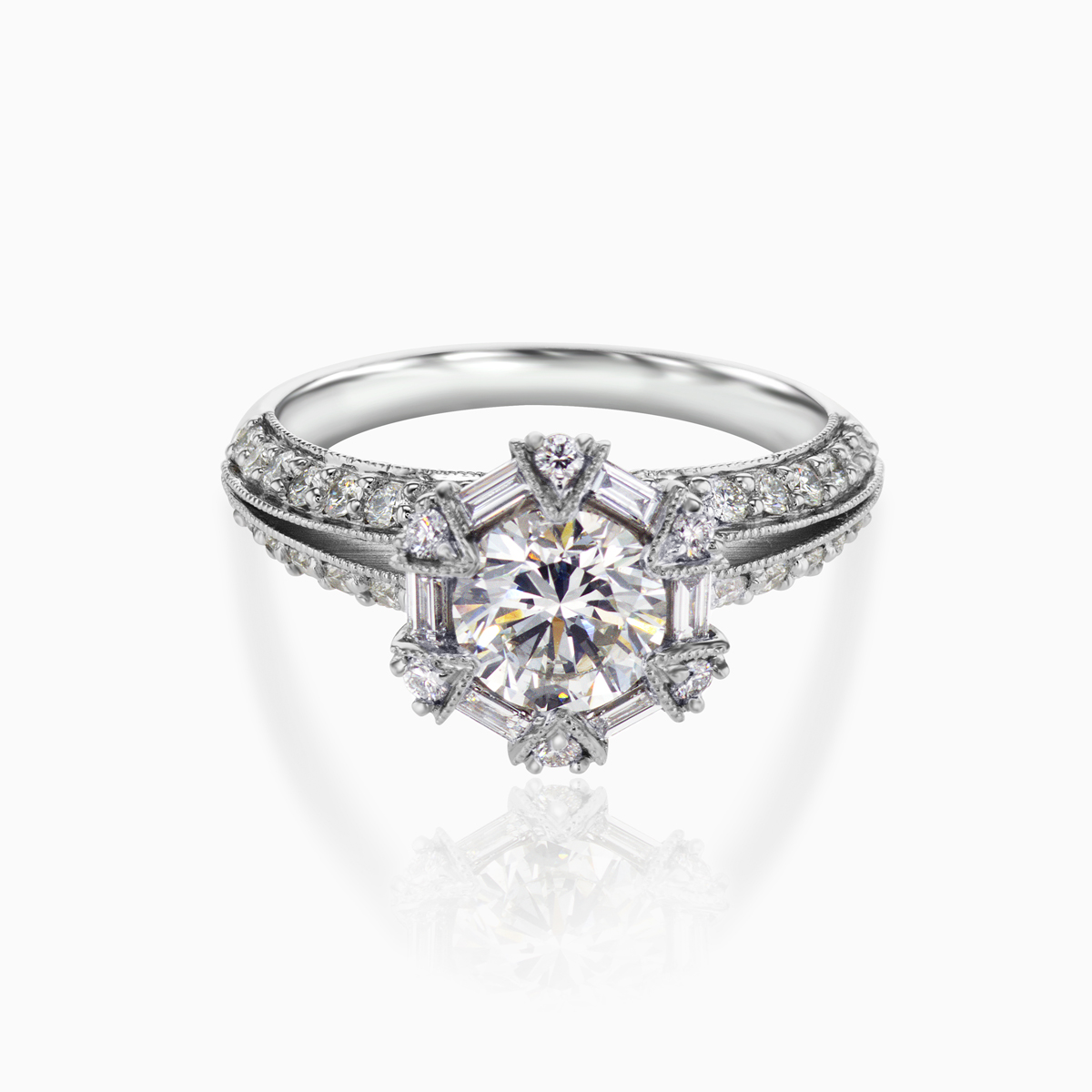 Dino Lonzano Art-Deco Diamond Halo Engagement Ring, 18k White Gold