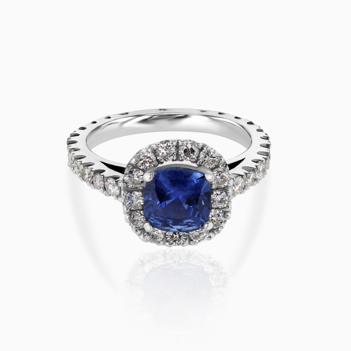 Natural Blue Sapphire and Diamond Halo Engagement Ring, Platinum