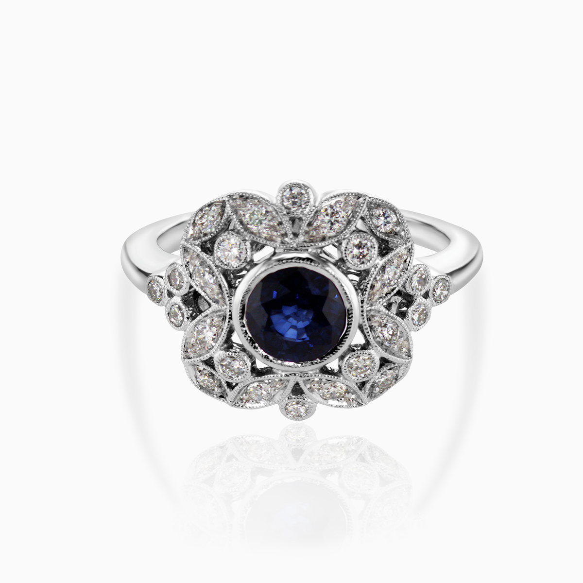 Natural Blue Sapphire and Diamond Open Halo Engagement Ring