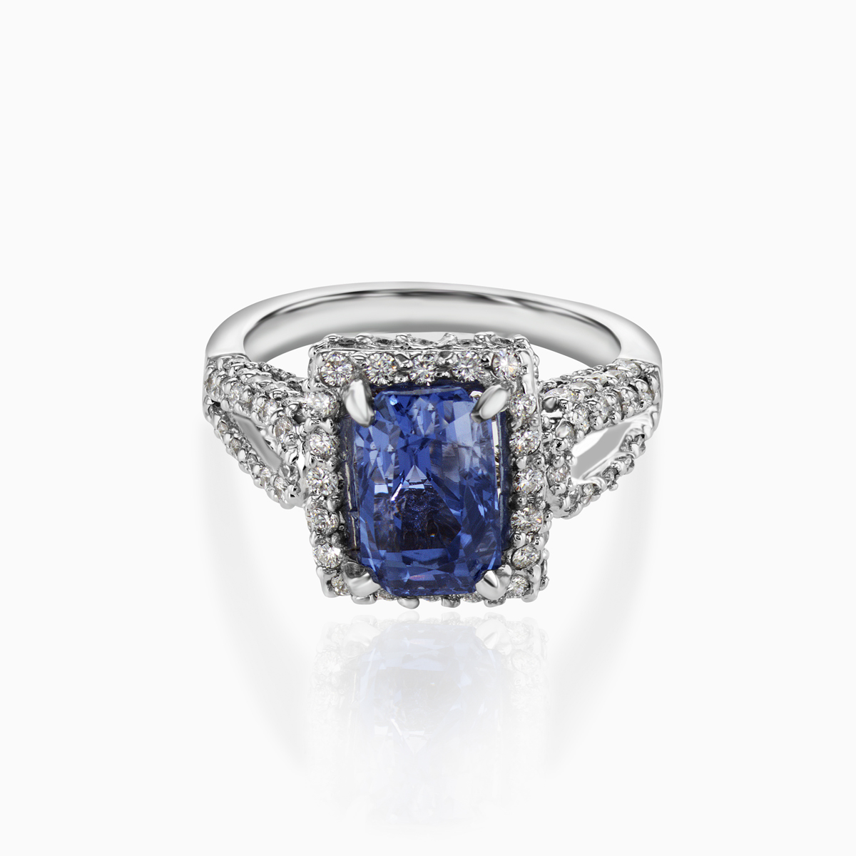 Radiant Natural Blue Sapphire and Diamond Halo Engagement Ring, 18k White Gold