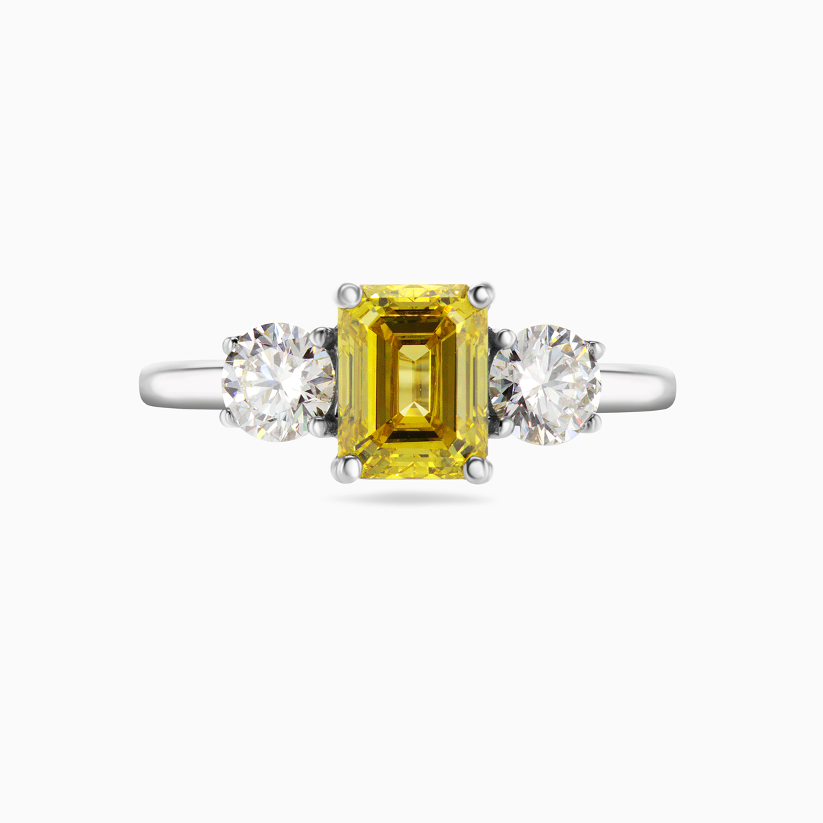 Yellow Lab-Grown Emerald Diamond Three-Stone Ring, 14k White Gold