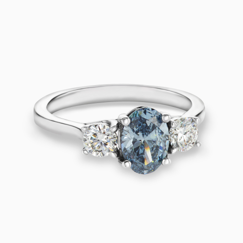 Three-Stone Diamond Engagement Ring, with Fancy Blue Lab-grown Diamond , 14k White Gold