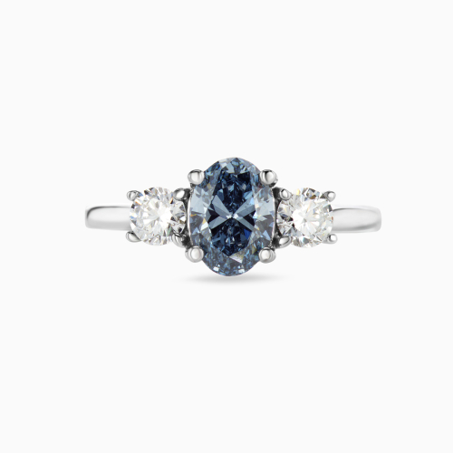 Three-Stone Diamond Engagement Ring, with Fancy Blue Lab-grown Diamond , 14k White Gold