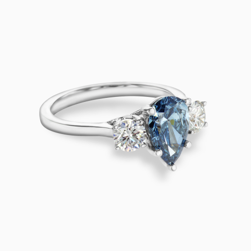 Blue Lab-Grown Pear-Shaped Diamond Three-Stone Ring, 14k White Gold