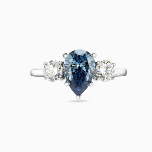 Blue Lab-Grown Pear-Shaped Diamond Three-Stone Ring, 14k White Gold