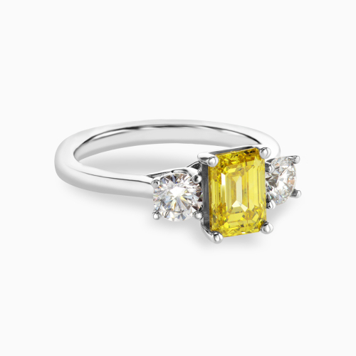 Yellow Lab-Grown Emerald Diamond Three-Stone Ring, 14k White Gold
