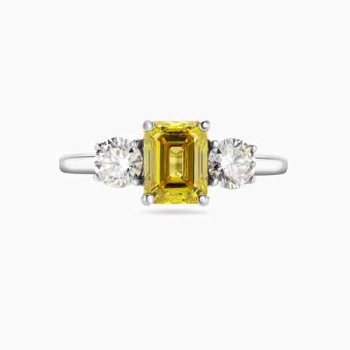 Yellow Lab-Grown Emerald Diamond Three-Stone Ring, 14k White Gold