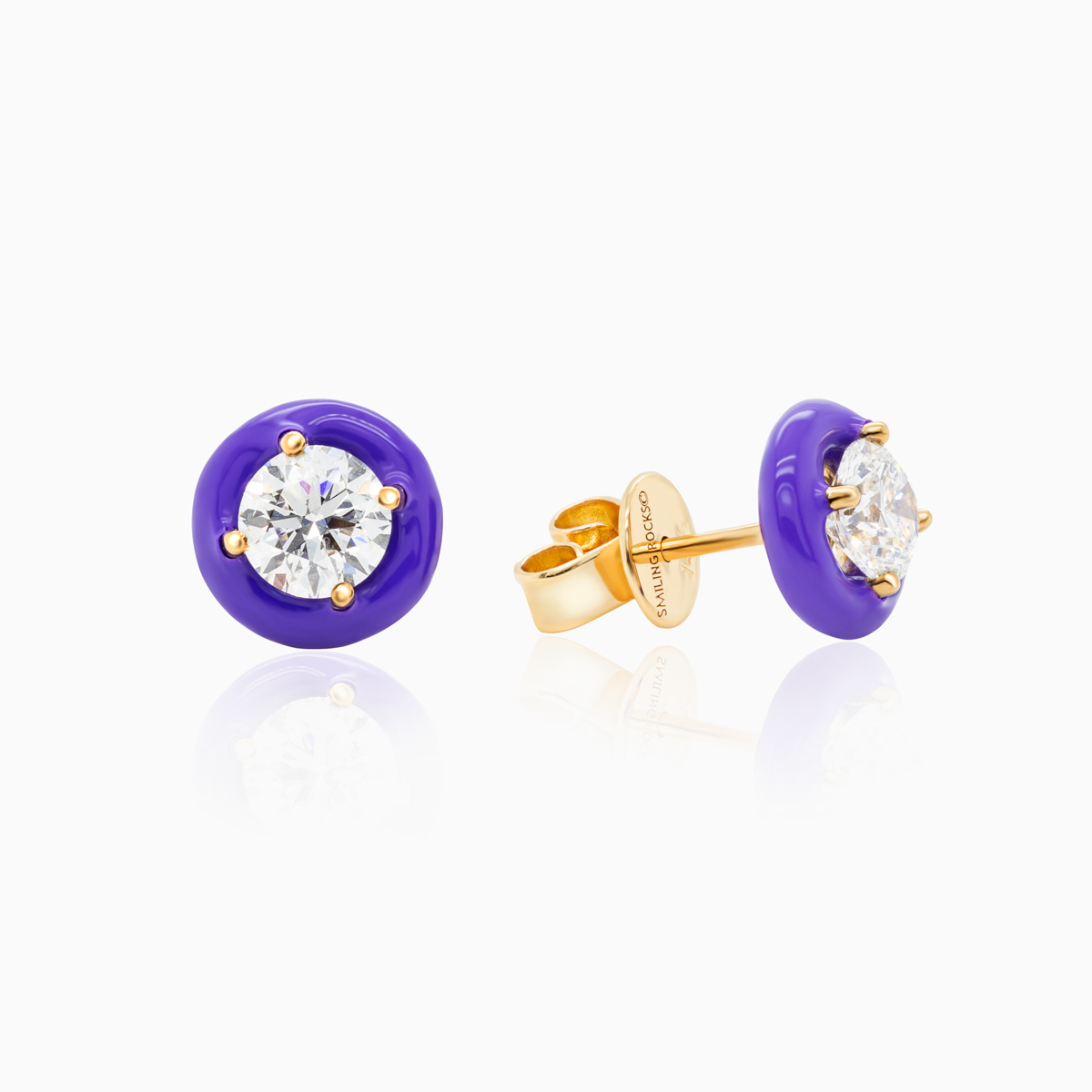 Purple Enamel-coated Halo Lab-grown Diamond Stud Earrings, 14k White Gold
