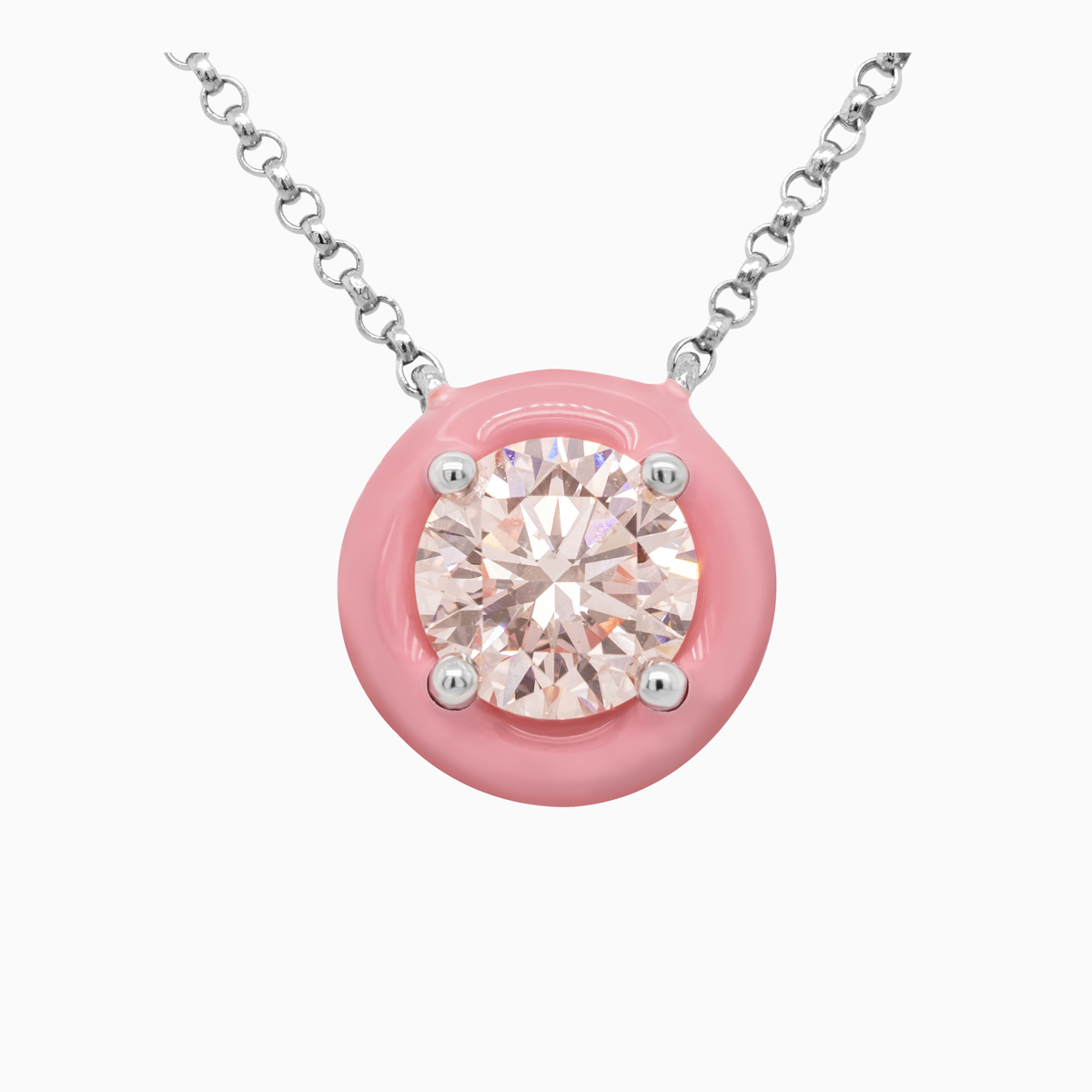 Pink Enamel-coated Halo Lab-Grown Diamond Solitaire Necklace, 14k White Gold
