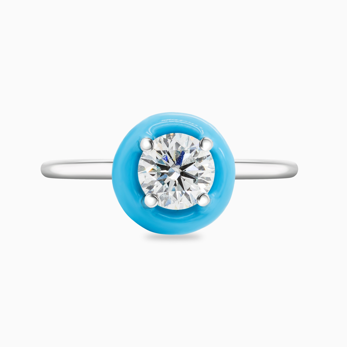 Lab-Grown Diamond Solitaire Ring with Sky-Blue Enamel Halo, 14k White Gold