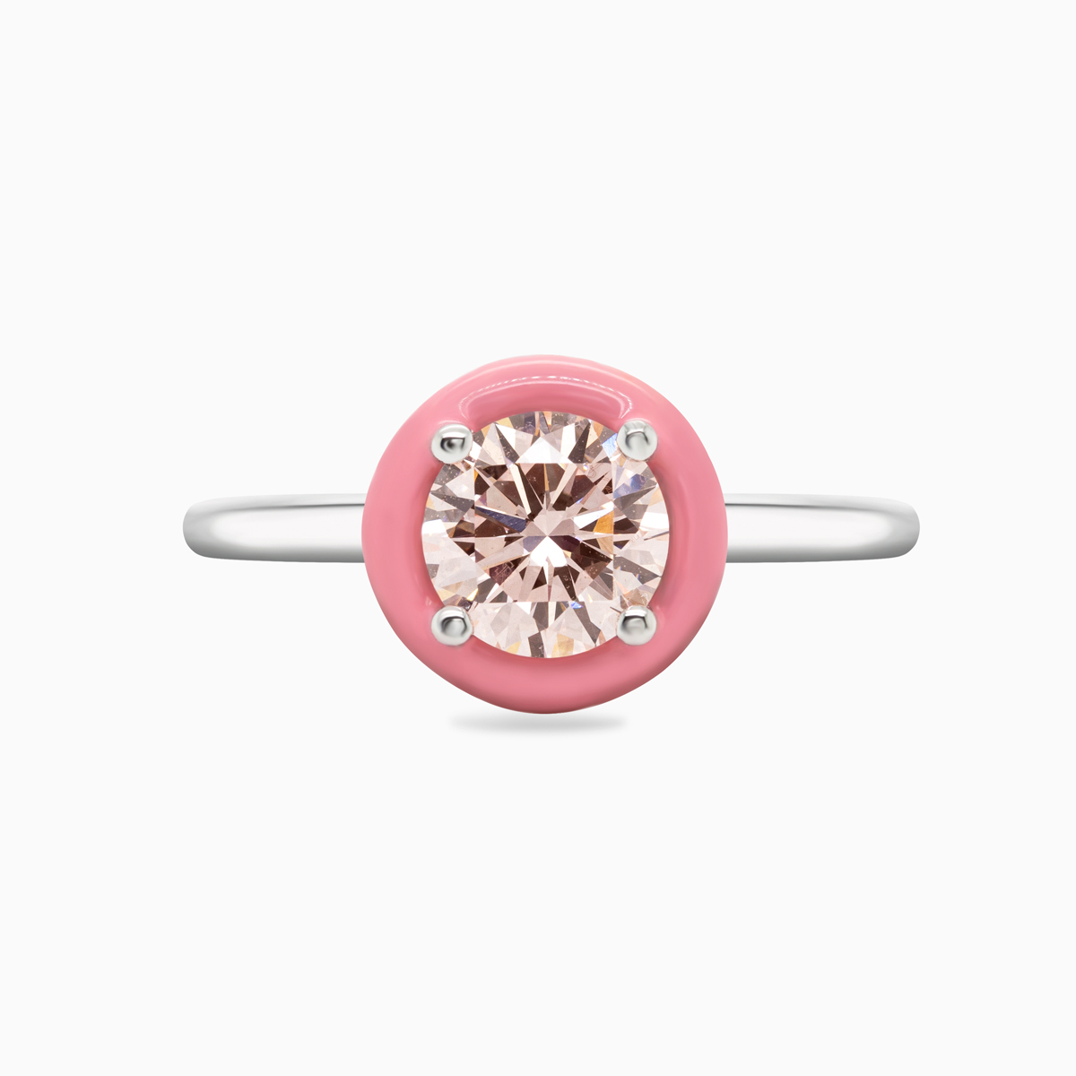 Lab-Grown Diamond Solitaire Ring with Pink Enamel Halo, 14k White Gold
