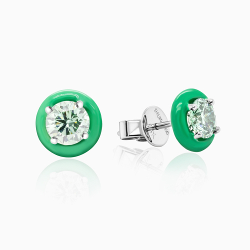 Green Enamel Halo Lab-grown Diamond Stud Earrings, 14k White Gold
