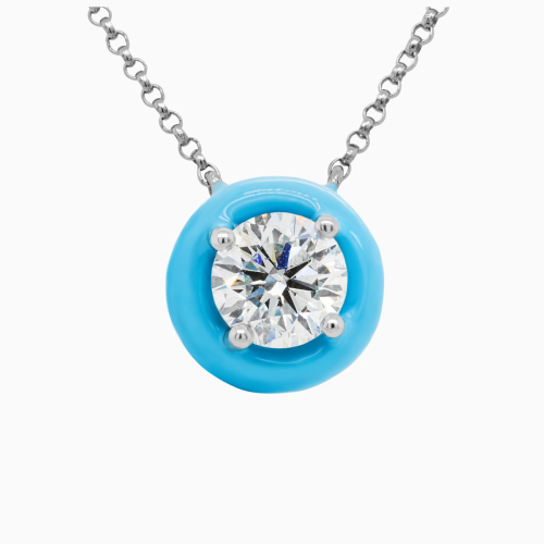 Sky Blue Enamel Halo Lab-Grown Diamond Solitaire Necklace, 14k White Gold