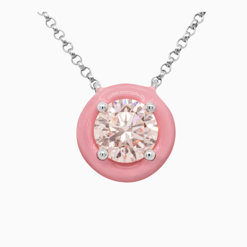 Pink Enamel-coated Halo Lab-Grown Diamond Solitaire Necklace, 14k White Gold