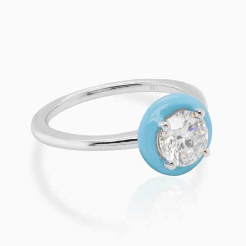 Lab-Grown Diamond Solitaire Ring with Sky-Blue Enamel Halo, 14k White Gold