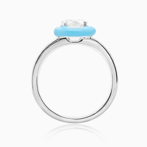 Lab-Grown Diamond Solitaire Ring with Sky-Blue Enamel Halo, 14k White Gold