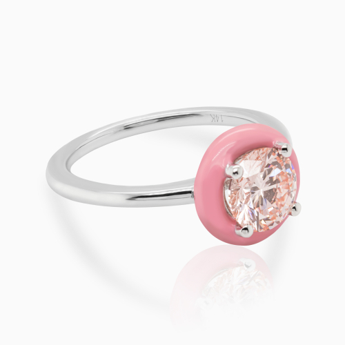Lab-Grown Diamond Solitaire Ring with Pink Enamel Halo, 14k White Gold