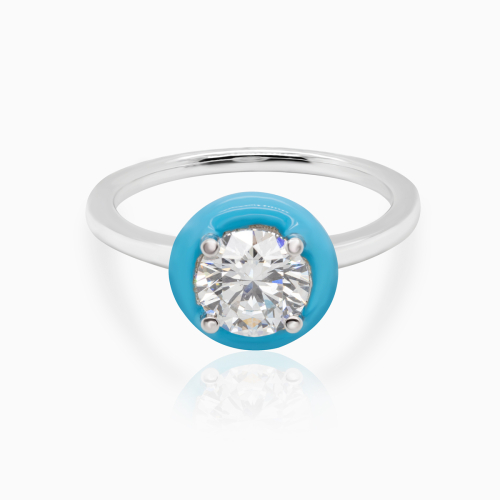 Lab-Grown Diamond Solitaire Ring with Sky-Blue Enamel Halo, 14k White Gold
