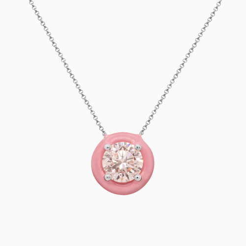Pink Enamel-coated Halo Lab-Grown Diamond Solitaire Necklace, 14k White Gold