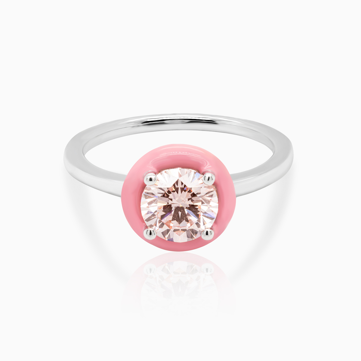 Lab-Grown Diamond Solitaire Ring with Pink Enamel Halo, 14k White Gold