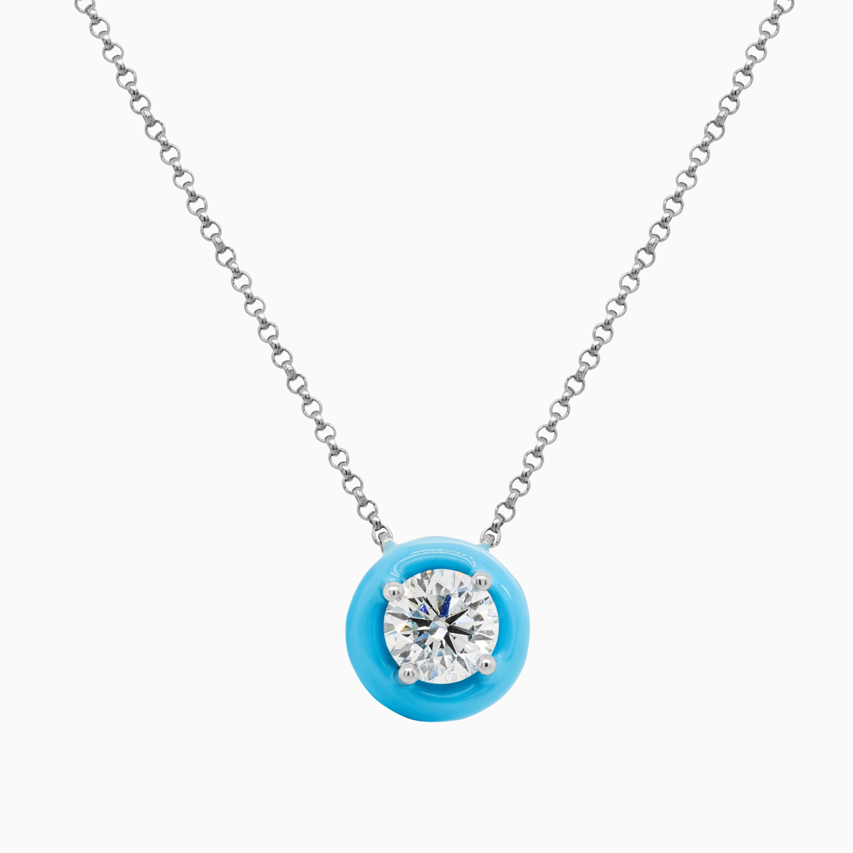 Sky Blue Enamel Halo Lab-Grown Diamond Solitaire Necklace, 14k White Gold