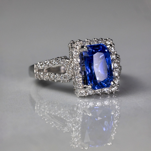 Radiant Natural Blue Sapphire and Diamond Halo Engagement Ring, 18k White Gold