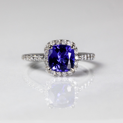 Natural Blue Sapphire and Diamond Halo Engagement Ring, Platinum