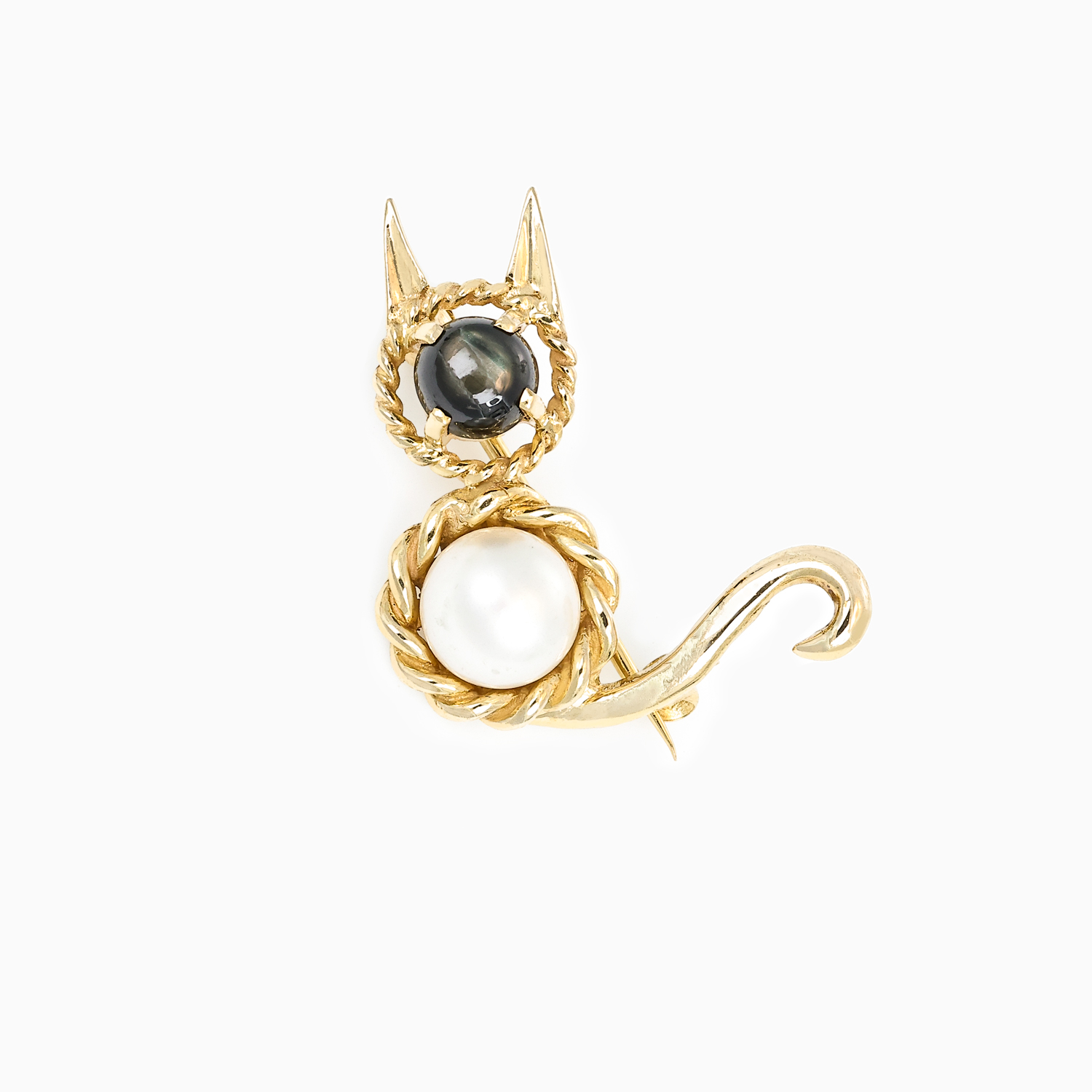 Vintage Merrin Cats Brooch with Star Sapphire and Pearl, 18k Yellow Gold