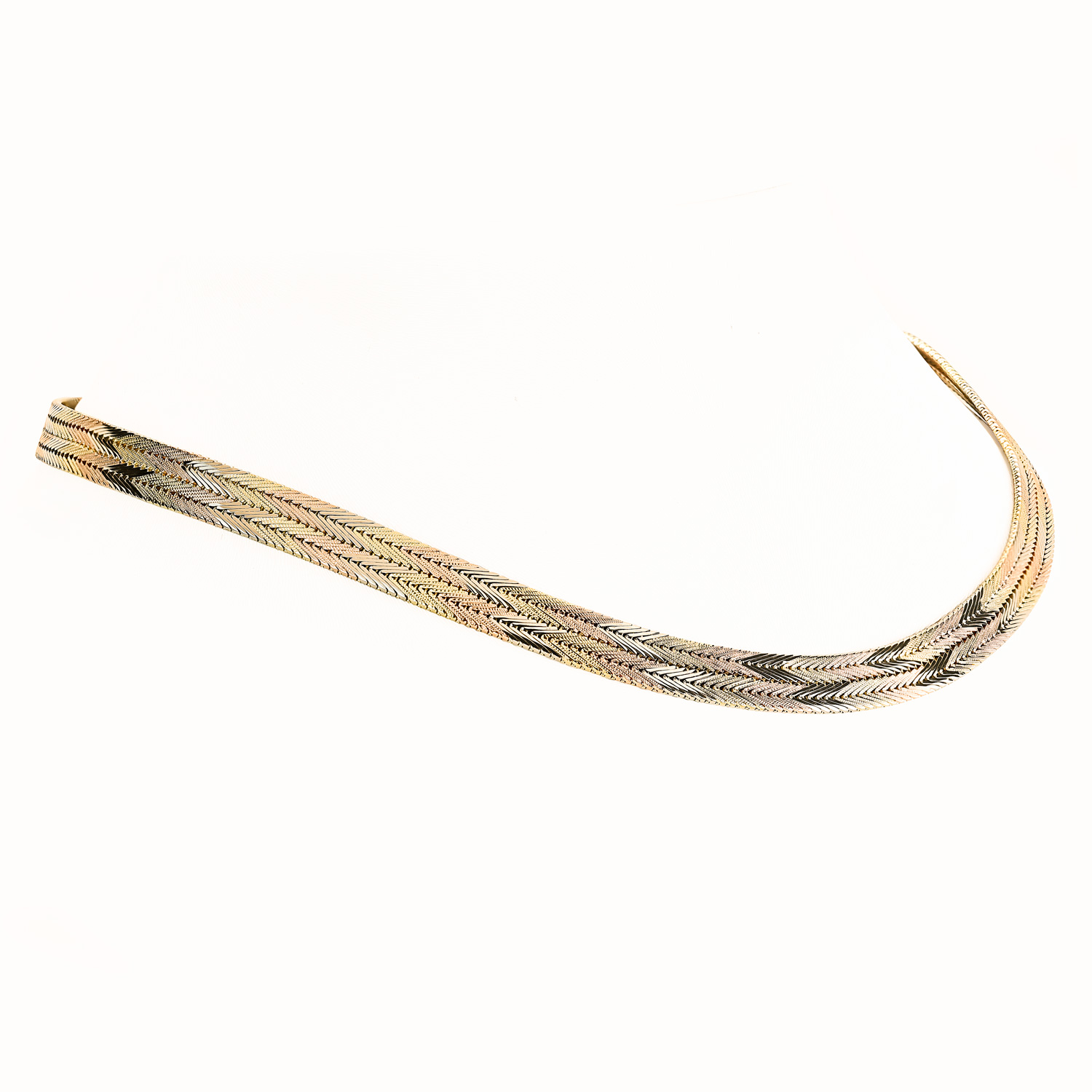 Retro Italian Tri-Color Herringbone Necklace, 14k Gold