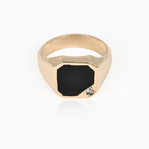 Natural Diamond and Onyx Signet Ring, 14k Yellow Gold