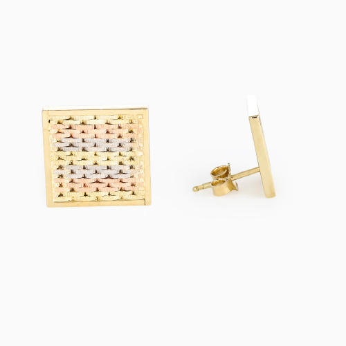 Vintage Italian Tri-Color Woven Square Stud Earrings, 14k Gold