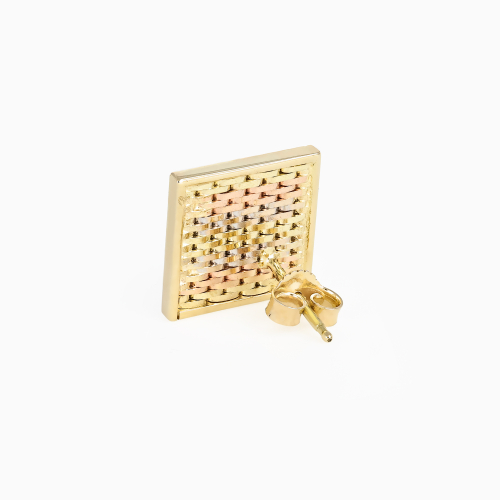 Vintage Italian Tri-Color Woven Square Stud Earrings, 14k Gold