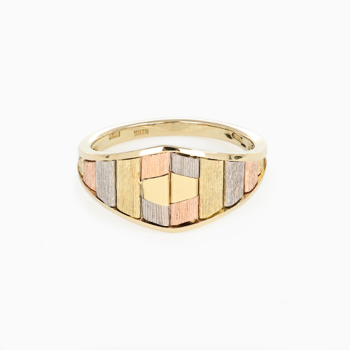 Retro Tri-Color Mosaic Inlay Ring, 14k Gold