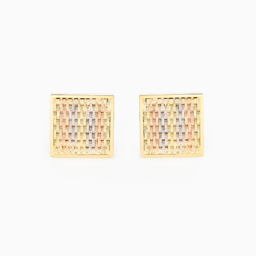Vintage Italian Tri-Color Woven Square Stud Earrings, 14k Gold