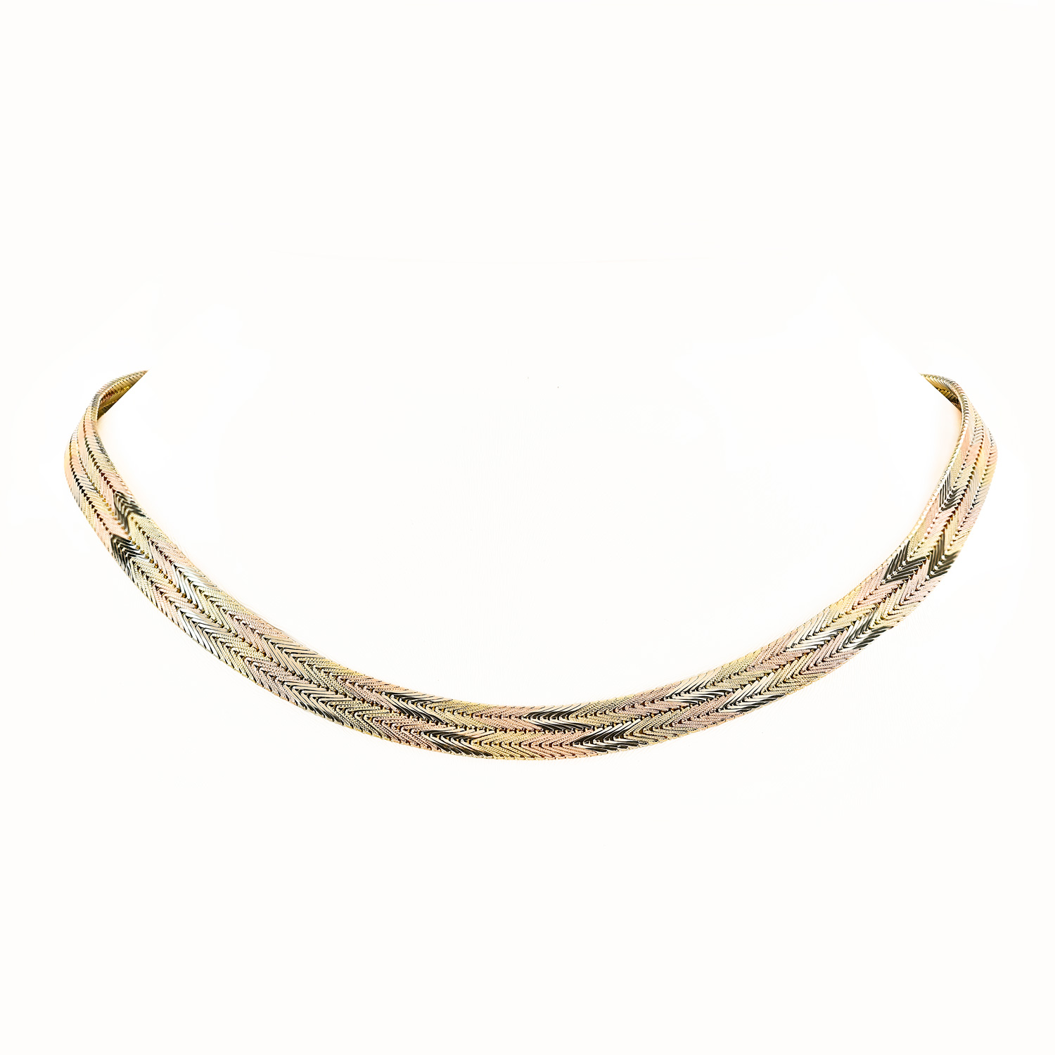 Retro Italian Tri-Color Herringbone Necklace, 14k Gold