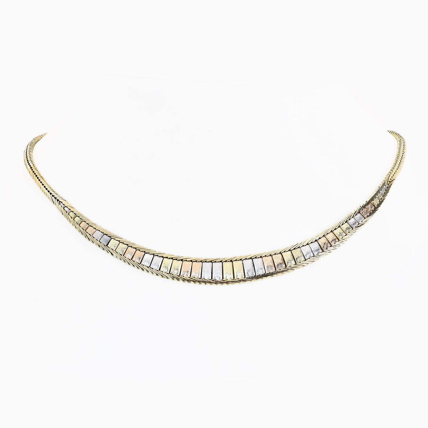 Vintage Italian Tri-Color Panel Collar Necklace, 14k Gold