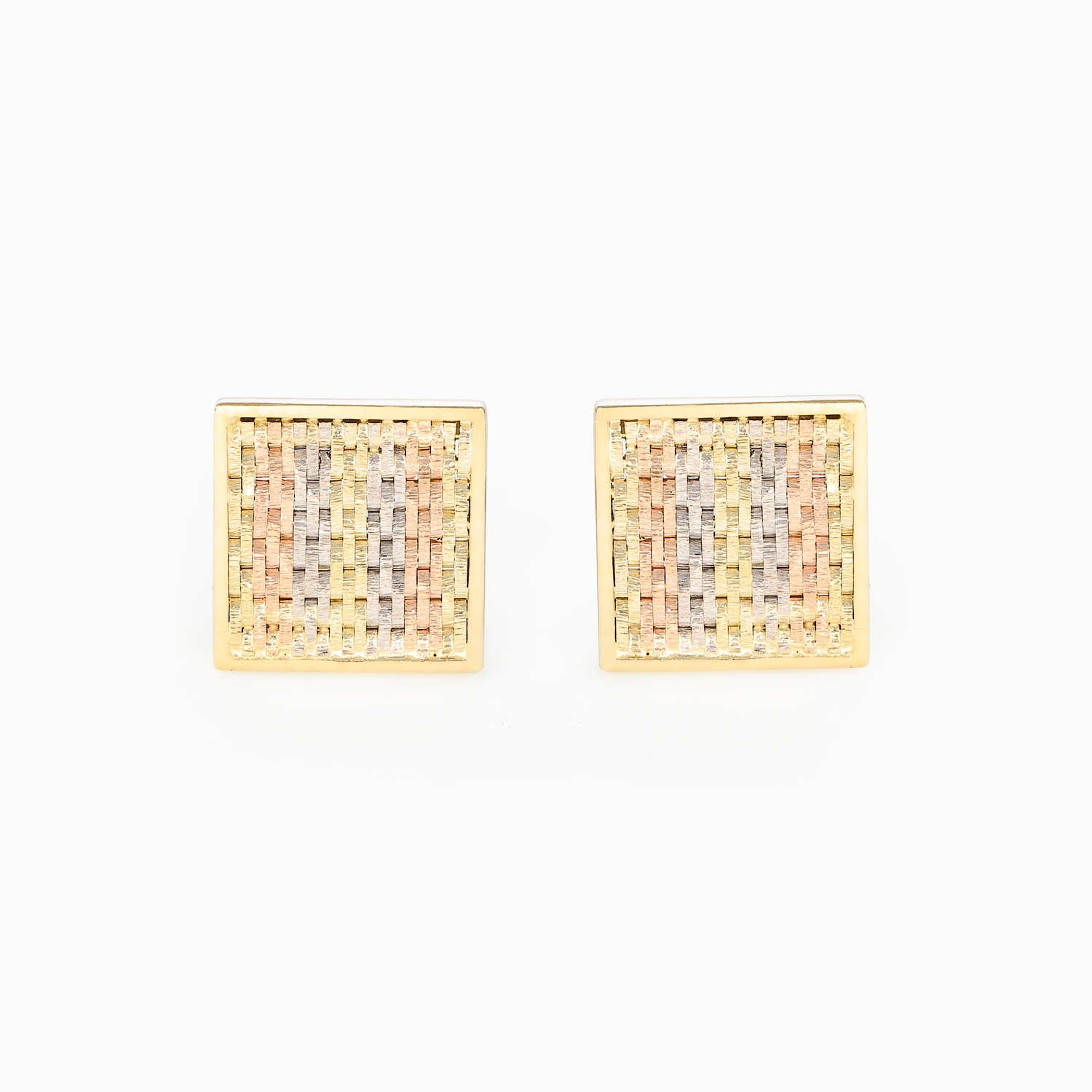 Vintage Italian Tri-Color Woven Square Stud Earrings, 14k Gold