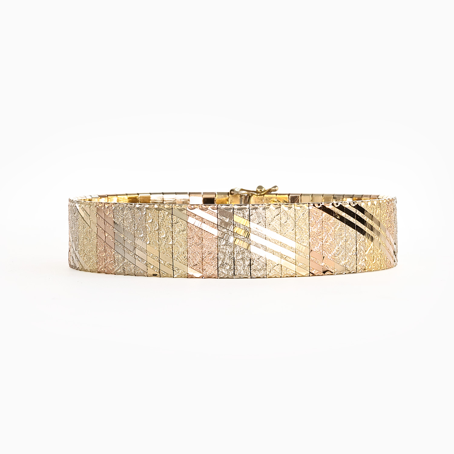 Three-Tone Vintage Italian Bangle Bracelet, 14k Gold