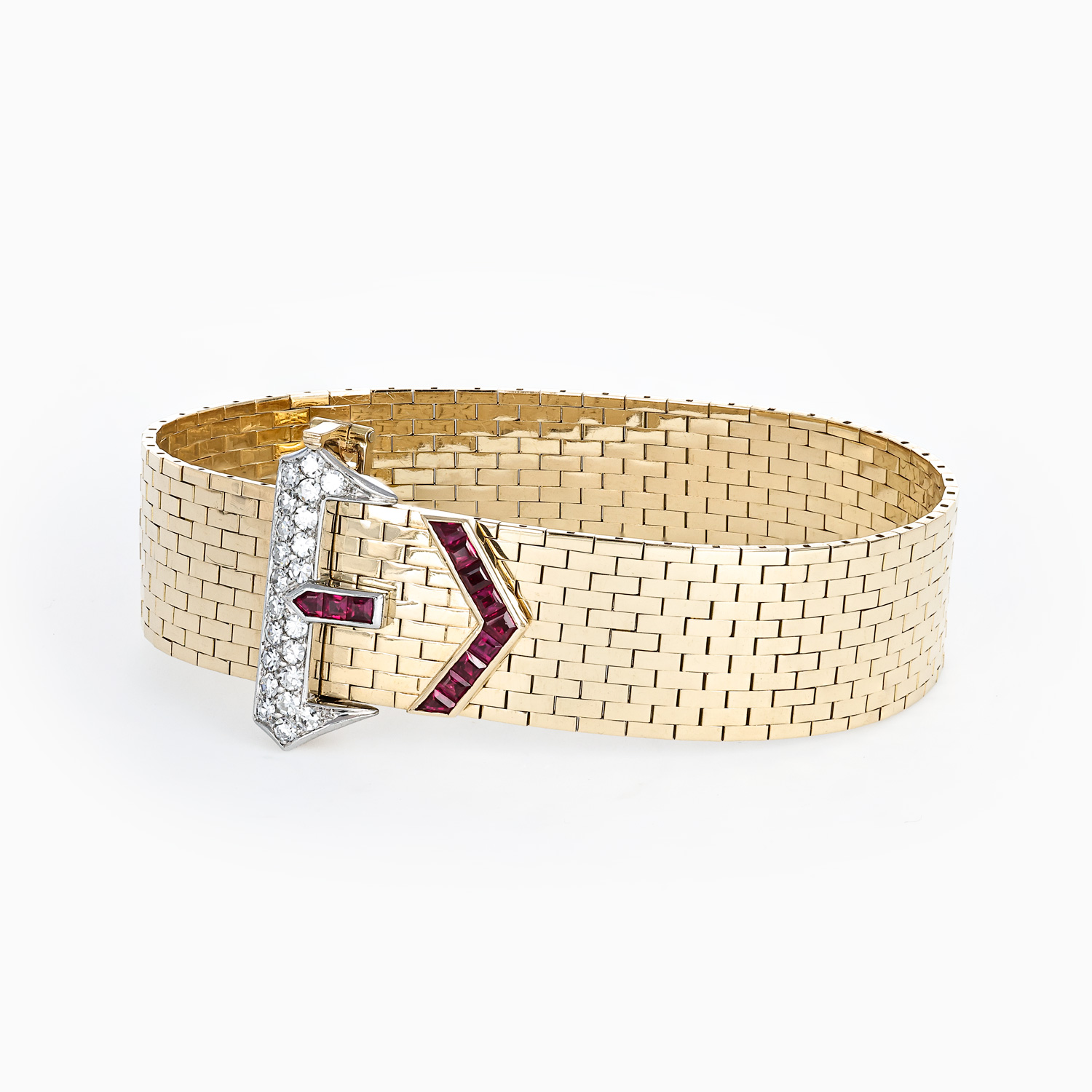 Italian Retro Buckle Bracelet with Diamonds and Rubies, 14k Yellow Gold