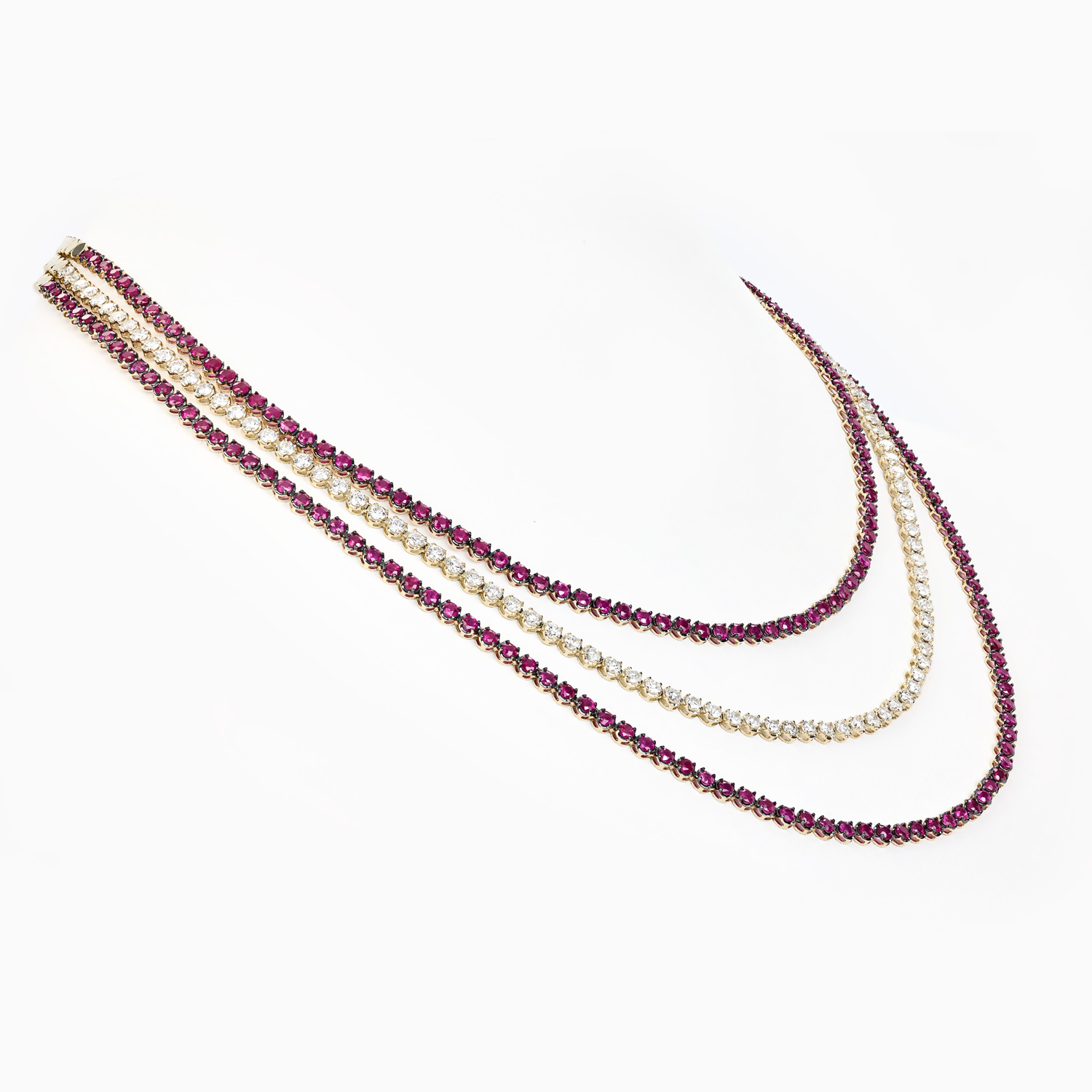 Natural Ruby and Diamond Triple-Strand Necklace, 14k Yellow Gold
