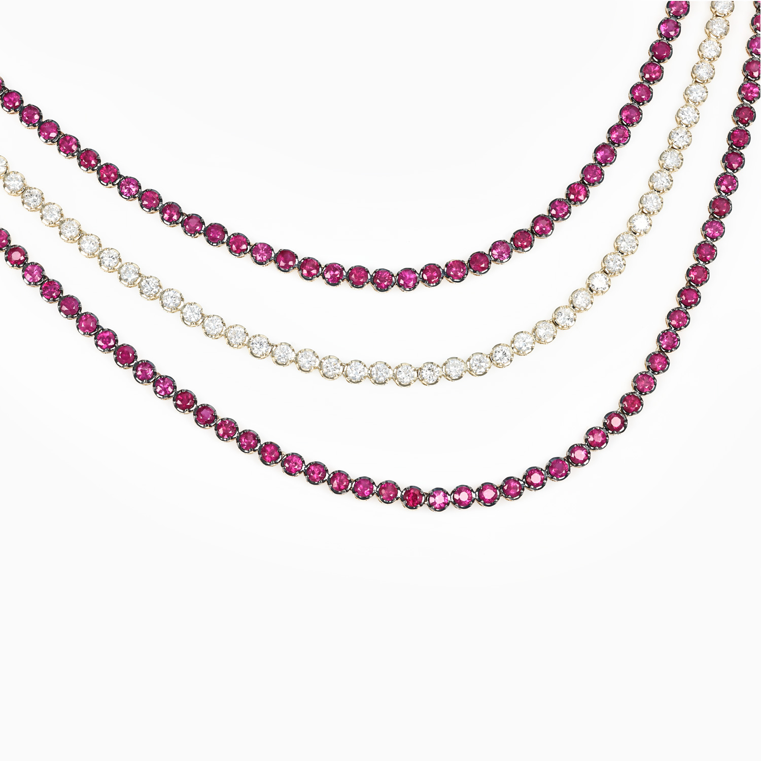 Natural Ruby and Diamond Triple-Strand Necklace, 14k Yellow Gold