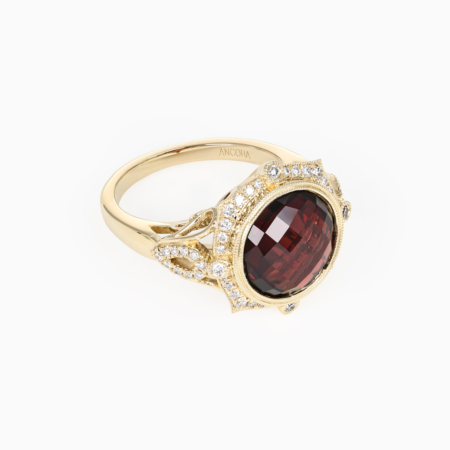 Checkerboard-Cut Natural Garnet and Diamond Ring, 14k Yellow Gold