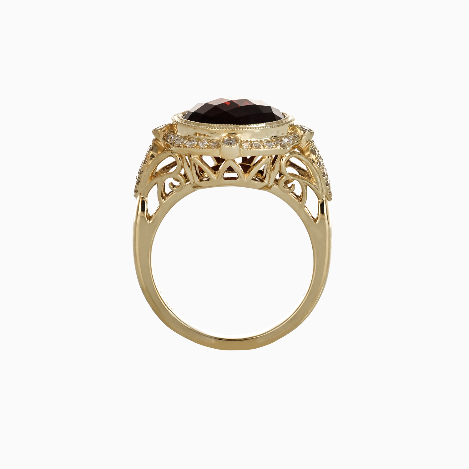 Checkerboard-Cut Natural Garnet and Diamond Ring, 14k Yellow Gold