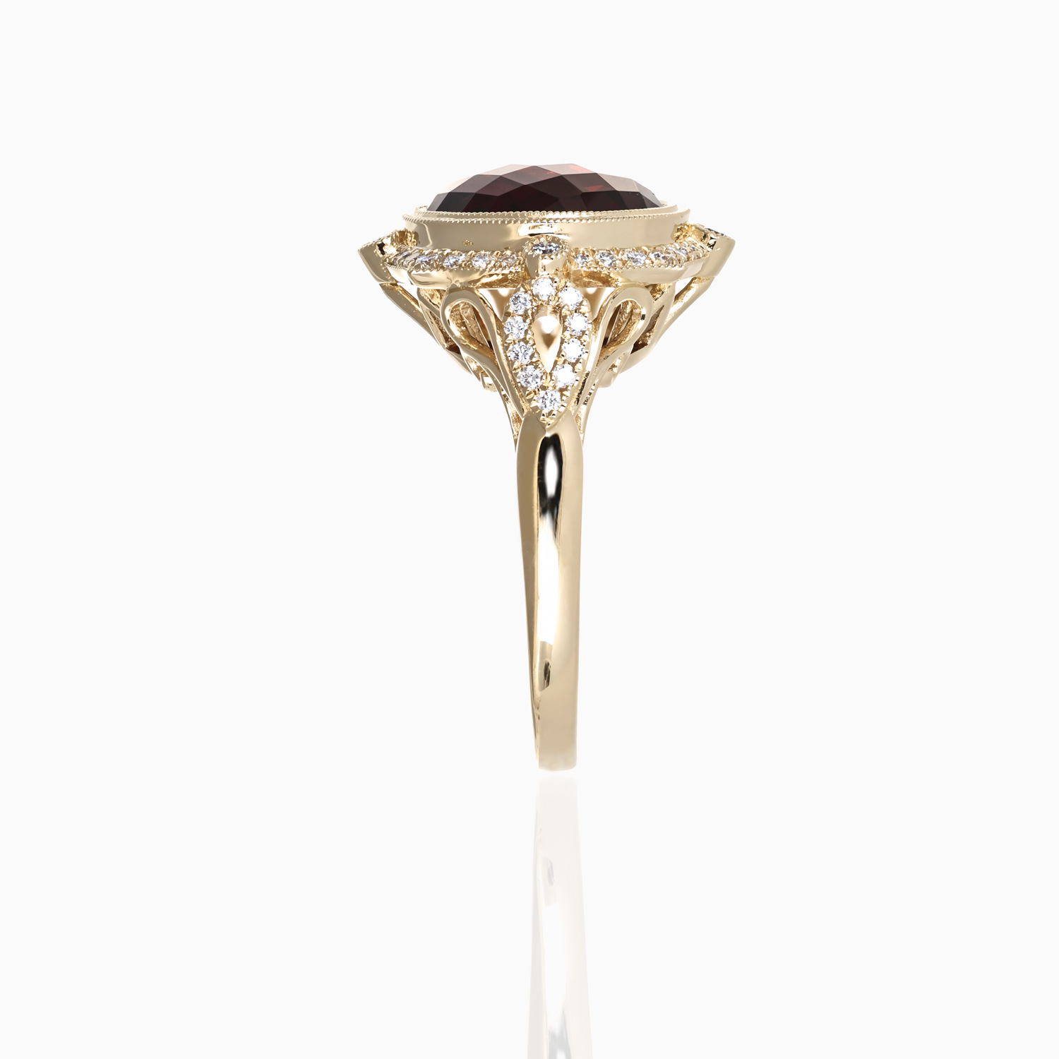 Checkerboard-Cut Natural Garnet and Diamond Ring, 14k Yellow Gold